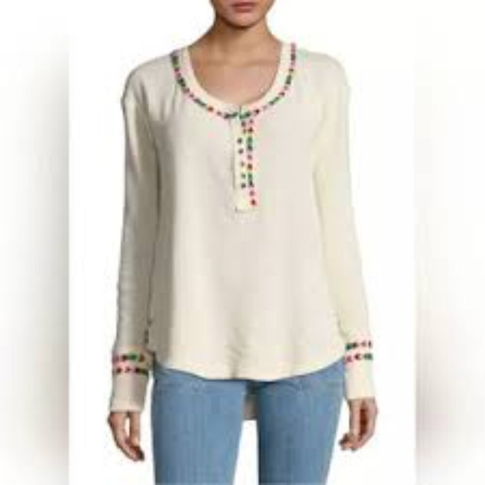 We The Free Size Small Cream Thermal Long Sleeve Shirt with Rainbow Stitching